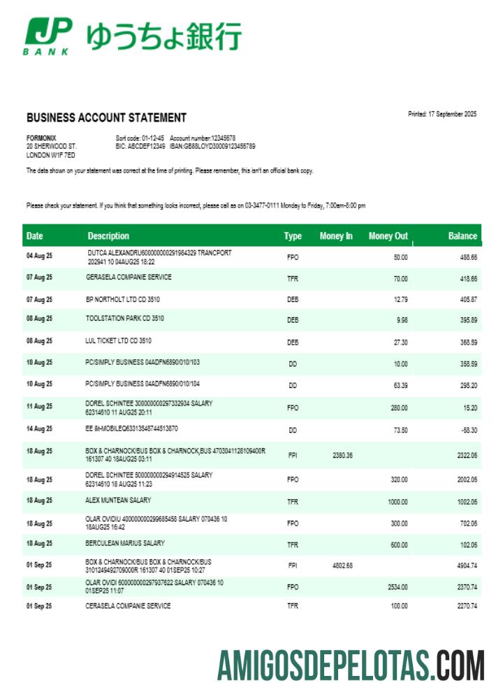 Formato Word e PDF do extrato de conta corrente da Organização Bancária do Japão